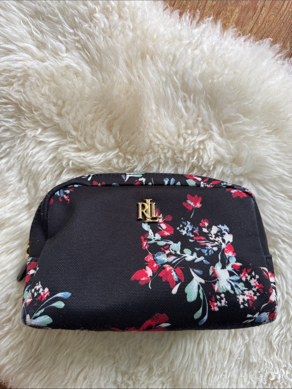 Ralph Lauren Black Floral Cosmetic Case with Gold Logo